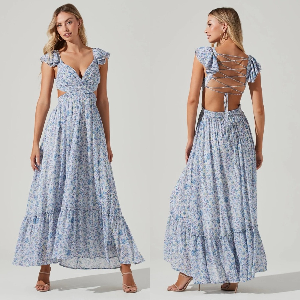 New ASTR Primrose Strappy Back Maxi Dress Blue Purple Floral